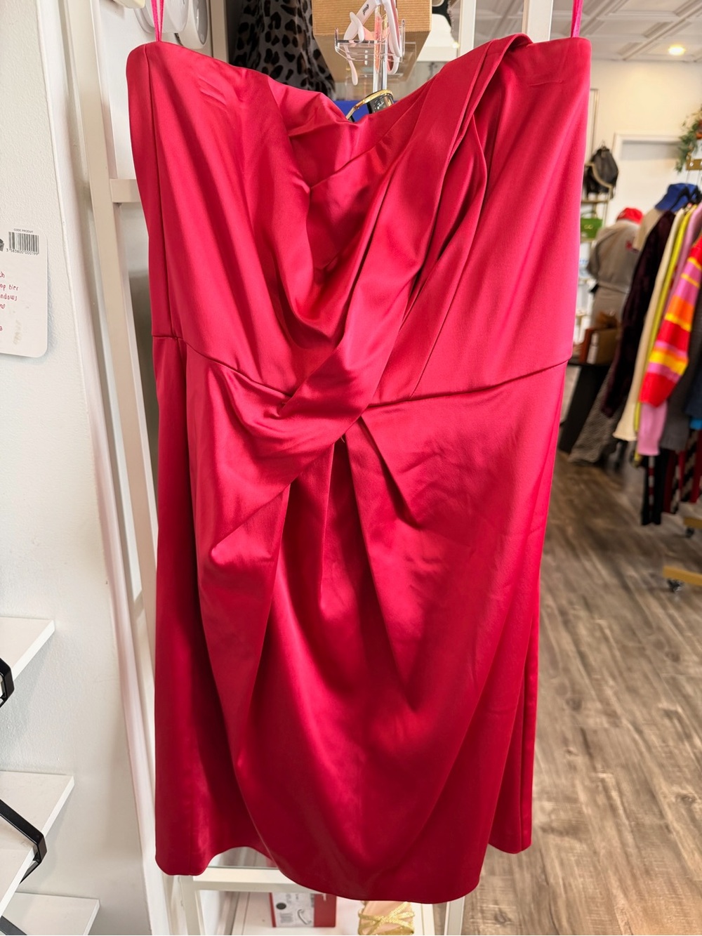 White House Black Market Strapless Satin Twist-Front Dress in Fuchsia
